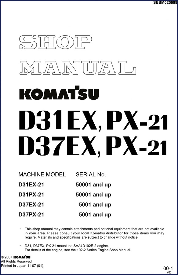 Komatsu D31EX-21 workshop manual cover for 2007 model year, showing OEM factory documentation with serial numbers 50001 and up