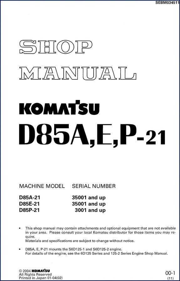 Komatsu D85A-21 2004 Workshop Manual cover – 633-page factory shop manual for D85E-21 and D85P-21 models