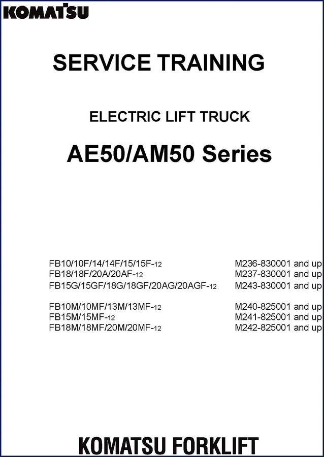 Komatsu FB10 FB15 FB18 training manual cover page with electric lift truck diagram
