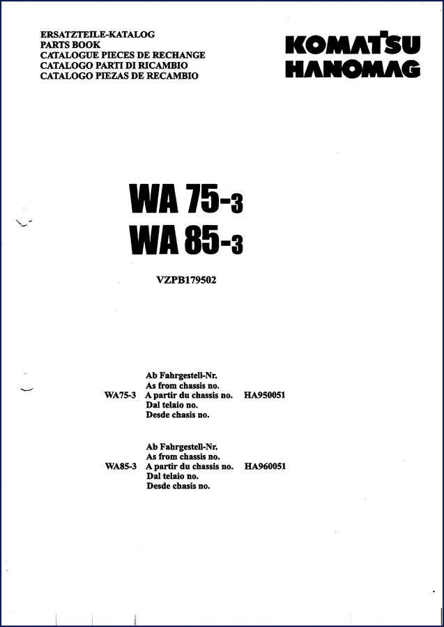 Komatsu Hanomag WA75-3 WA85-3 Parts Catalog cover page – OEM parts book