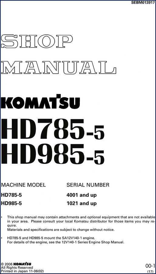 Komatsu HD785-5 and HD985-5 2006 Workshop Manual cover showing model numbers and serial range