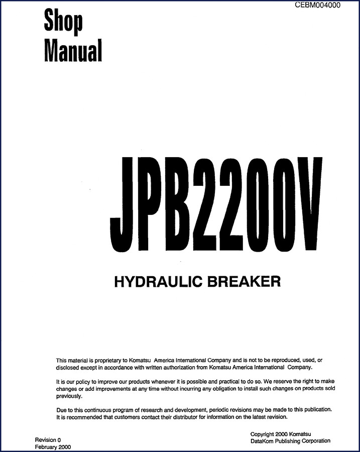 Komatsu JPB2200V hydraulic breaker workshop manual 2000 37 pages cover image