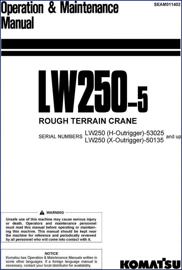 Komatsu LW250-5 Service Manual factory cover page showing rough terrain crane model and OEM part number