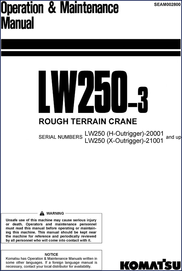 Komatsu LW250-3 Service Manual cover showing rough terrain crane with outriggers, original factory documentation