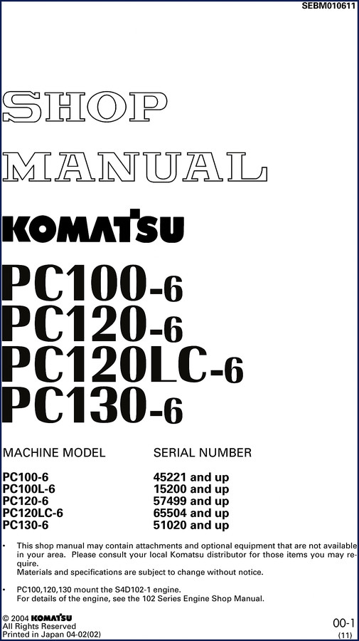 Komatsu PC100-6 PC120-6 2000 workshop manual cover with excavator and title