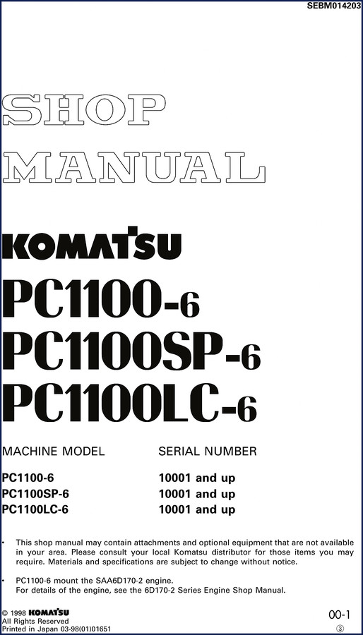 Komatsu PC1100-6 PC1100SP-6 PC1100LC-6 2002 Workshop Manual cover showing machine silhouette and part number SEBM014207