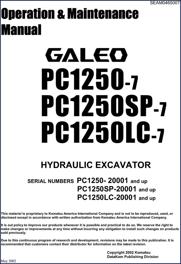 Komatsu PC1250-7 and PC1250SP-7 2002 Technical Manual cover page showing hydraulic excavator photo