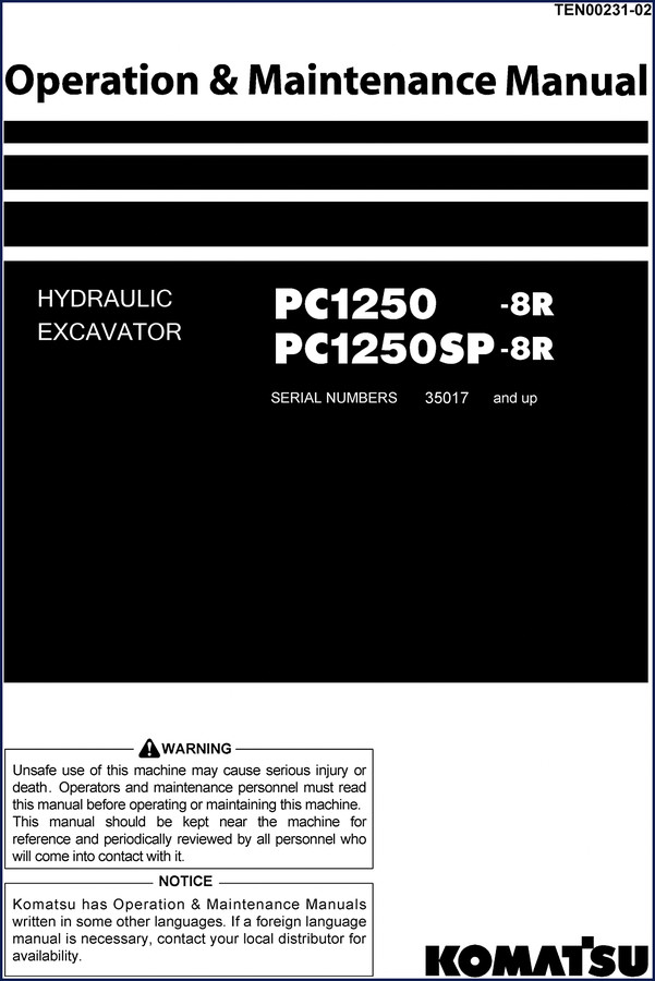 Komatsu PC1250-8R and PC1250SP-8R Operators Manual cover - 387 page OEM factory document
