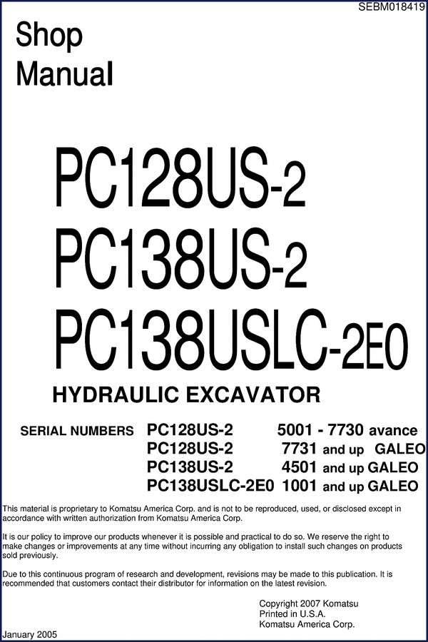 Komatsu PC128US-2 PC138US-2 PC138USLC-2E0 2007 Workshop Manual cover page