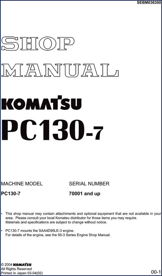 Komatsu PC130-7 2004 Workshop Manual cover - factory shop manual for excavator