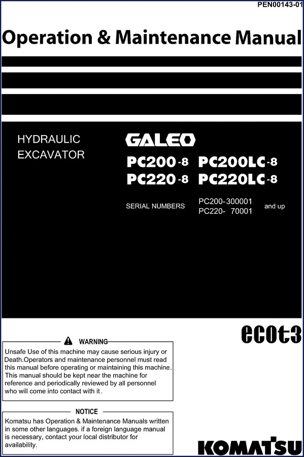 Komatsu PC200-8 Operators Manual cover showing yellow excavator and manual title