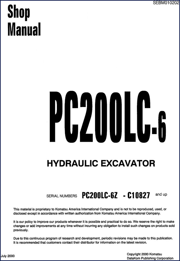 Komatsu PC200LC-6 2000 Workshop Manual cover showing excavator and part diagrams