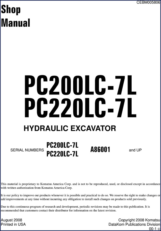 2008 Komatsu PC200LC-7L PC220LC-7L factory service manual cover