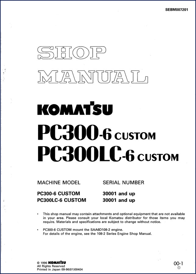 Komatsu PC300LC-6 and PC300-6 1996 Workshop Manual cover