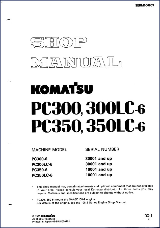 Komatsu PC300-8 workshop manual cover showing hydraulic excavator and model numbers