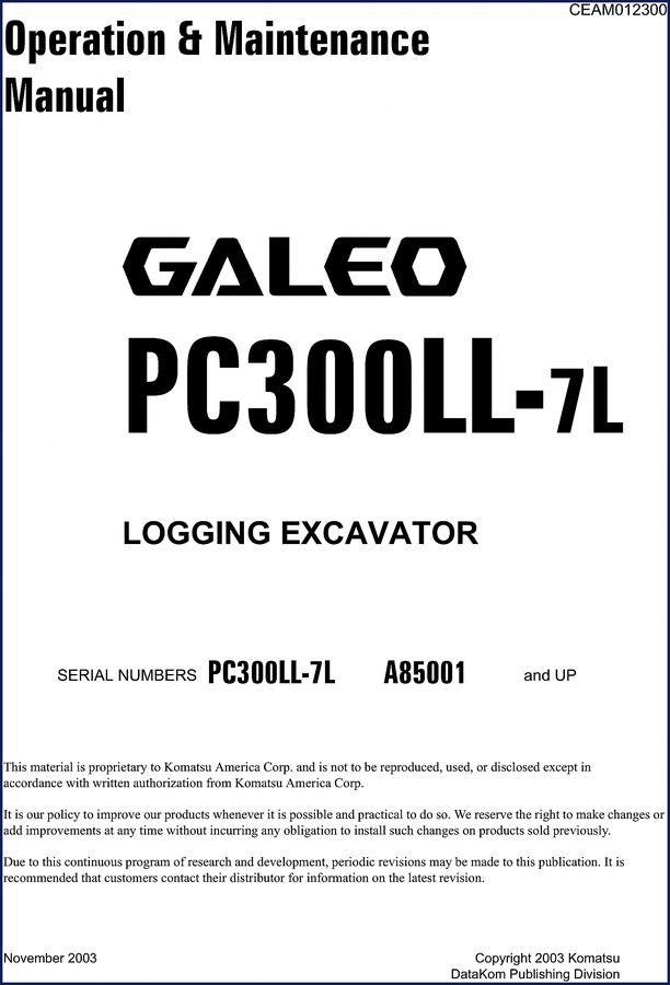Komatsu PC300LL-7 2003 Service Manual cover – OEM factory shop manual for logging excavator