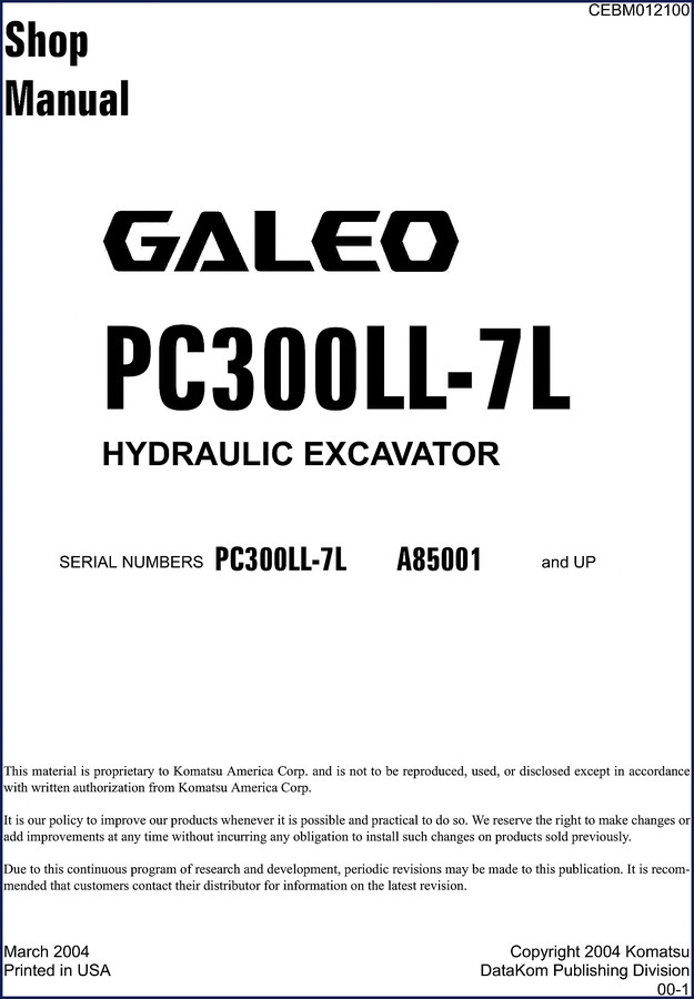 Komatsu PC300LL-7L 2004 Workshop Manual cover – factory OEM shop manual for hydraulic excavator