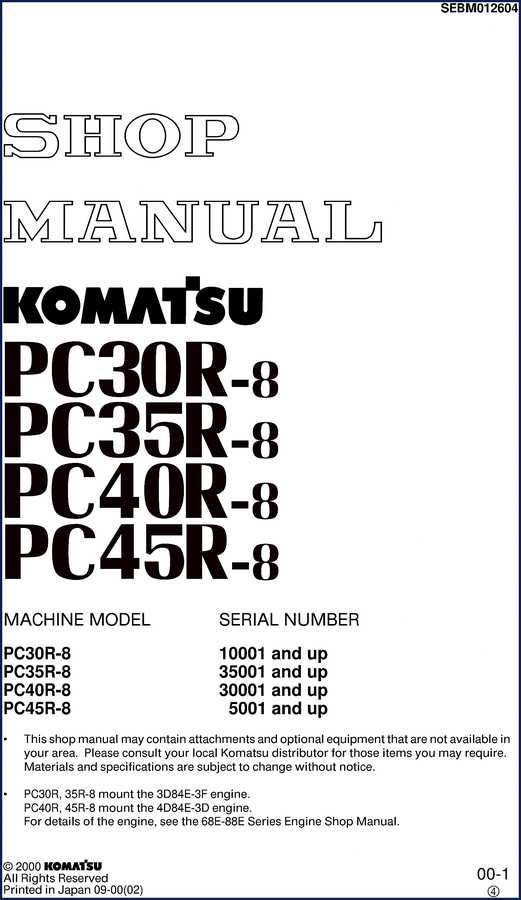 Komatsu PC30R-8 PC35R-8 PC40R-8 PC45R-8 2000 Workshop Manual cover