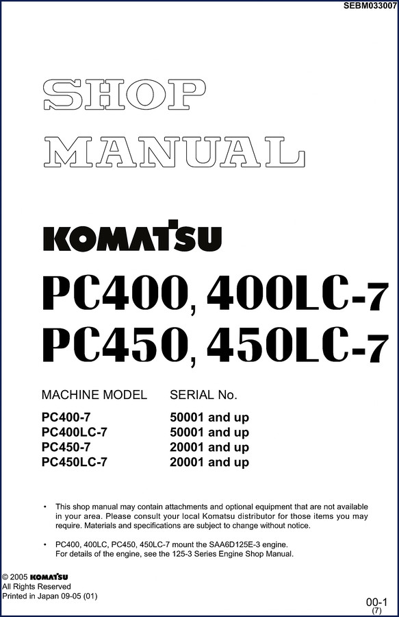 Komatsu PC400-7, PC400LC-7, PC450-7, PC450LC-7 workshop manual cover – factory OEM document