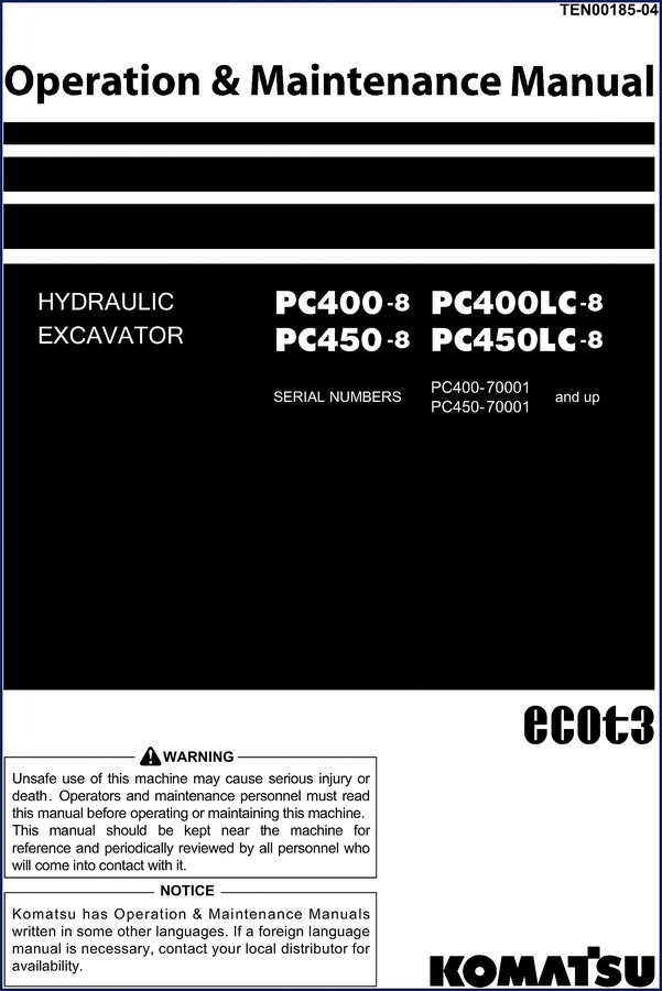 Komatsu PC400-8 PC450-8 Operation and Maintenance Manual factory cover page