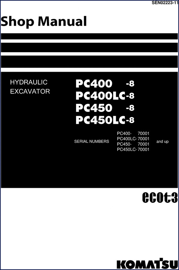 Komatsu PC400-8 hydraulic excavator factory workshop manual cover showing model and serial number range
