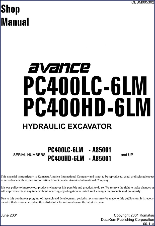 Komatsu PC400LC-6LM and PC400HD-6LM 2001 Service Manual cover