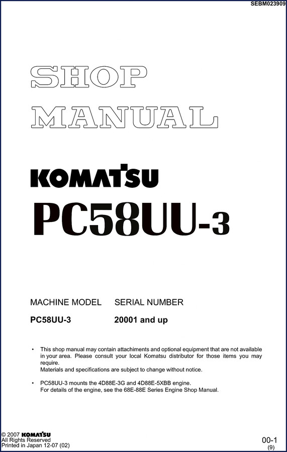 Komatsu PC58UU-3 2007 Workshop Manual cover showing excavator and manual title