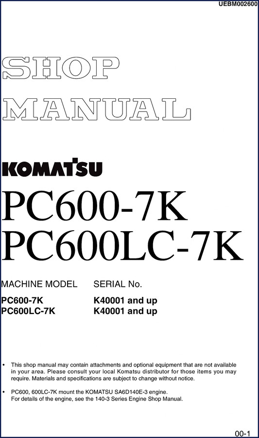 Komatsu PC600-7K Service Manual cover – 674 pages OEM shop manual