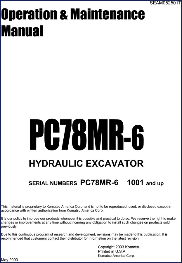 Komatsu PC78MR-6 2003 Service Manual cover - factory OEM operation and maintenance document