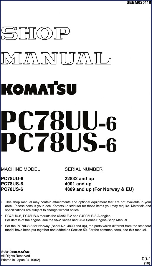 Komatsu PC78UU-6 PC78US-6 2010 Workshop Manual cover - 1025 pages factory repair manual