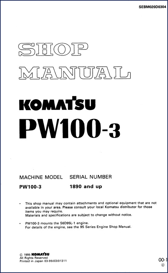 Komatsu PW100-3 Hydraulic Schematic manual cover showing 38 pages of hydraulic piping diagrams for blade circuit.