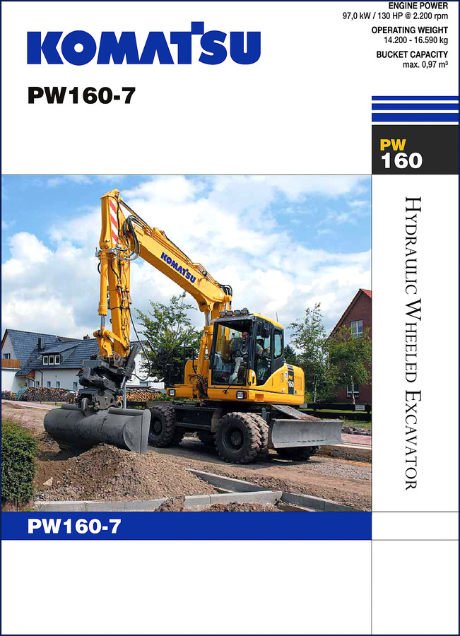 Komatsu PW160-7 Technical Manual cover – 24-page OEM factory manual for wheeled excavator