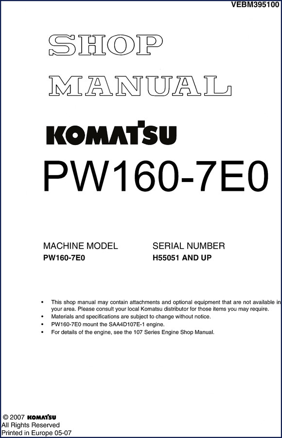 Komatsu PW160-7E0 2007 Workshop Manual cover showing excavator and SHOP MANUAL title