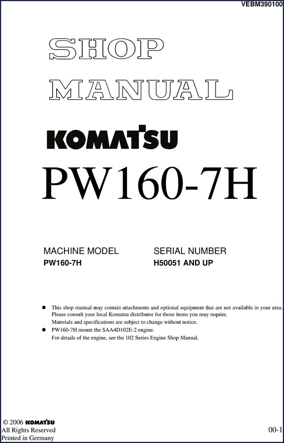 Komatsu PW160-7H 2006 Service Manual cover showing wheeled excavator