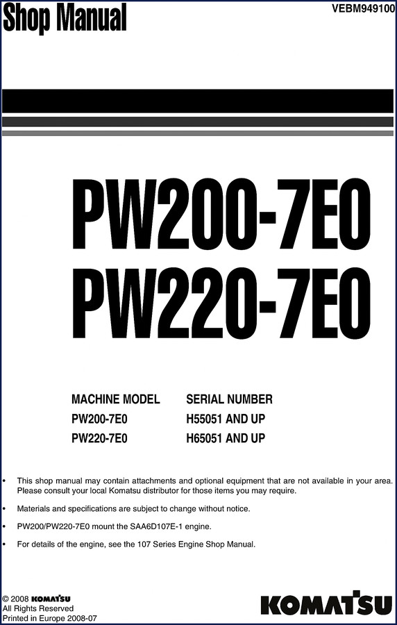 Komatsu PW200-7E0 PW220-7E0 2008 Workshop Manual cover page