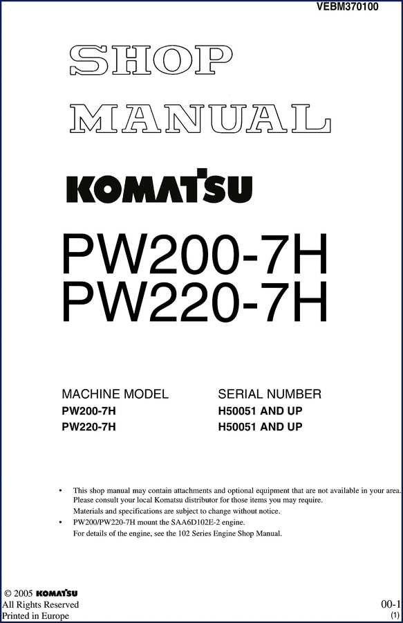 Komatsu PW200-7H PW220-7H 2005 Workshop Manual cover – 890 pages factory OEM service manual