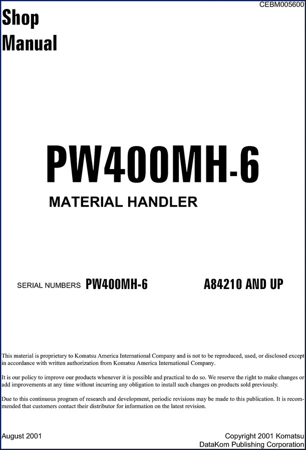 Komatsu PW400MH-6 2001 Workshop Manual cover - factory shop manual for material handler