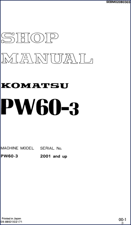 Komatsu PW60-3 Workshop Manual cover – 355 pages factory repair guide