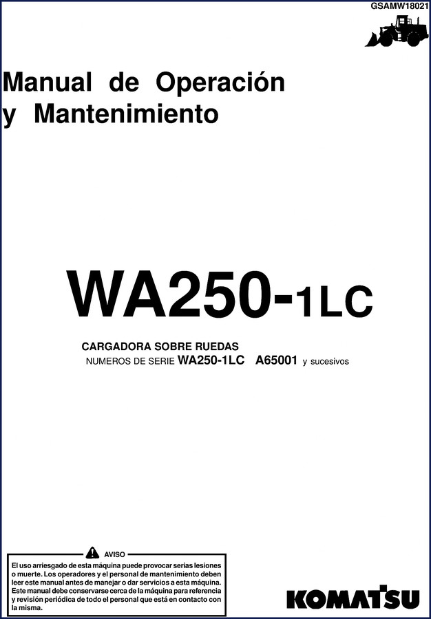 Komatsu WA250-1LC Operators Manual cover page showing wheel loader and manual title