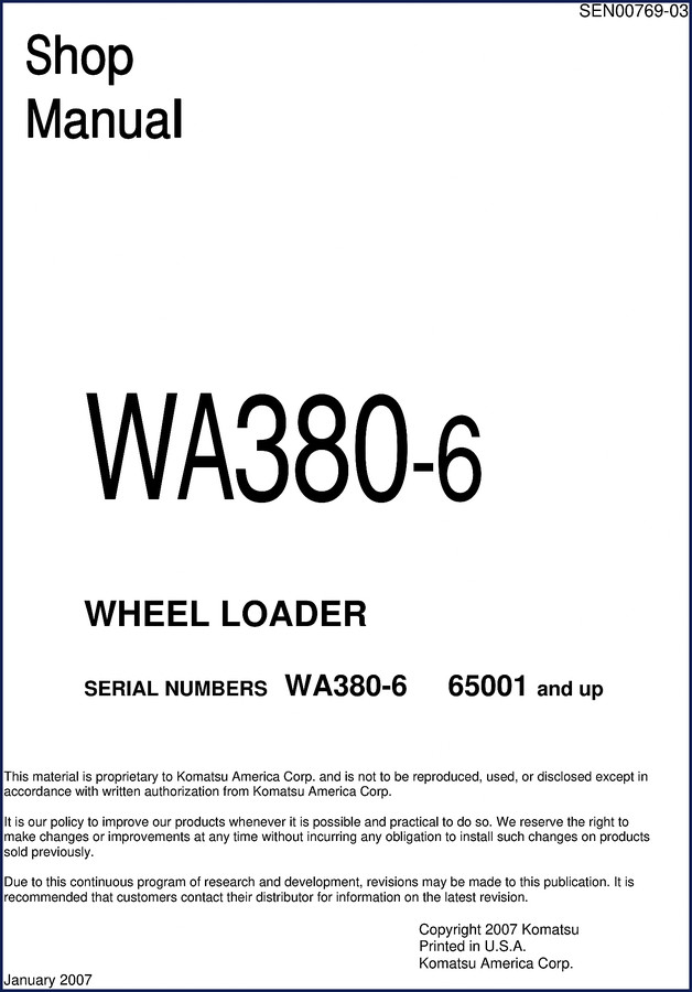 Komatsu WA380-6 2007 workshop manual cover - factory spec