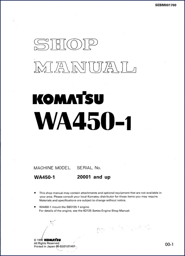 1992 Komatsu WA450-1 Workshop Manual cover showing loader with bucket