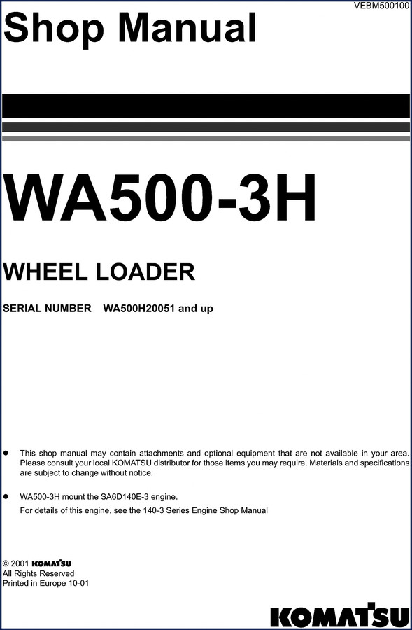 Komatsu WA500-3H 2001 workshop manual cover - factory service and repair