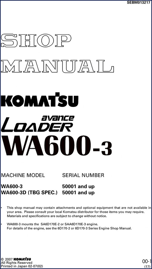 Komatsu WA600-3 WA600-3D 2007 Workshop Manual cover page showing loader and shop manual title