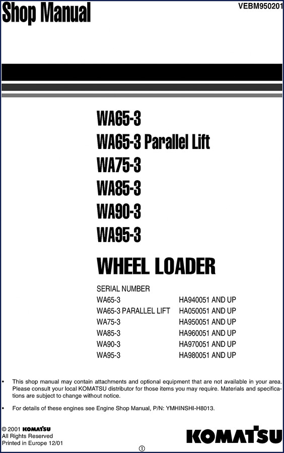 Komatsu WA65-3 WA75-3 WA85-3 WA90-3 WA95-3 2001 Repair Manual cover image