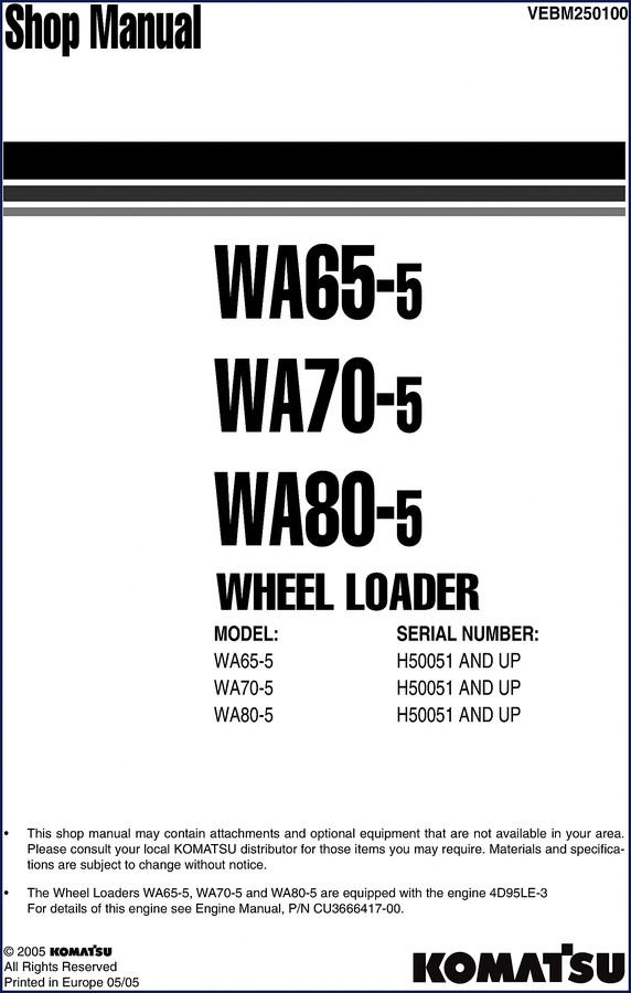 Komatsu WA65-5 WA70-5 WA80-5 2005 Workshop Manual cover page showing wheel loader
