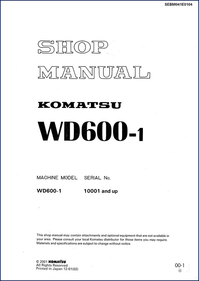 Komatsu WD600-1 2001 Workshop Manual cover page showing model and serial number range