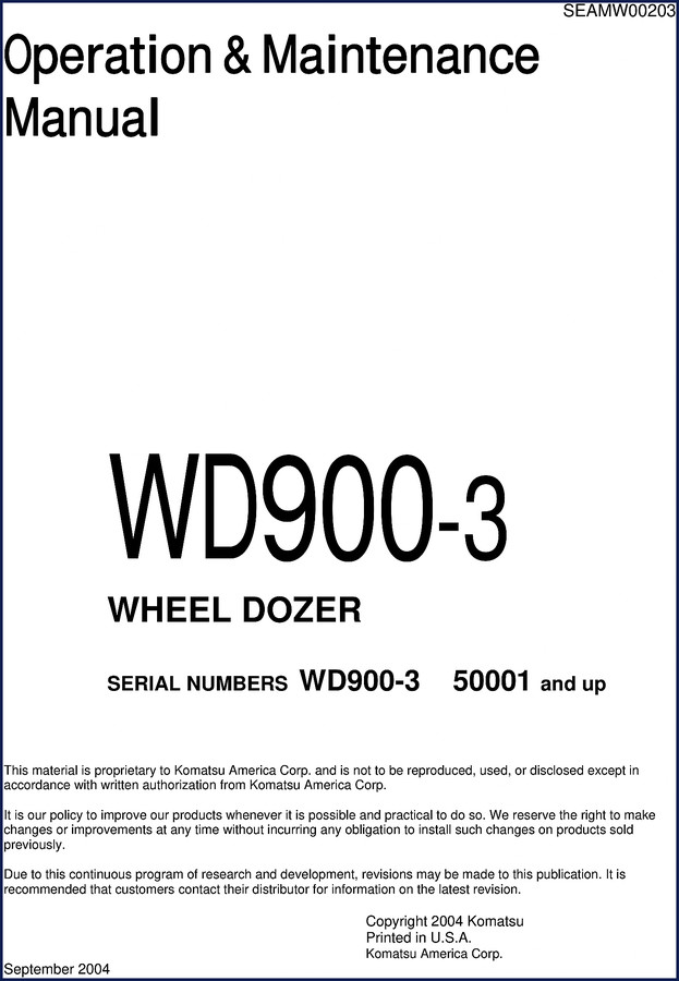 Komatsu WD900-3 2004 Operators Manual cover page showing wheel dozer and Komatsu logo