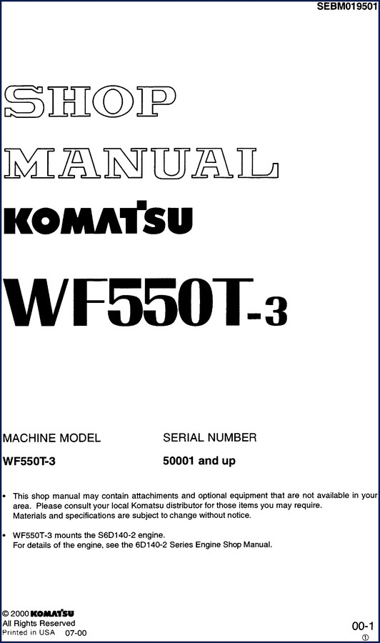 Komatsu WF550T-3 2000 Workshop Manual cover image showing front page of factory service manual for Komatsu dozer