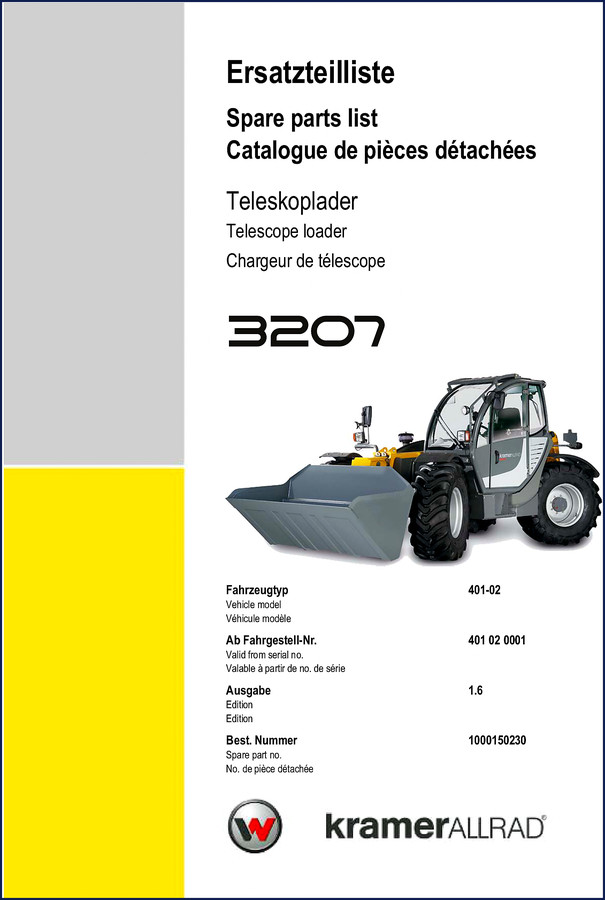 Kramer 3207 telescope loader 2008 Parts Catalog cover with front loader and spec sheet