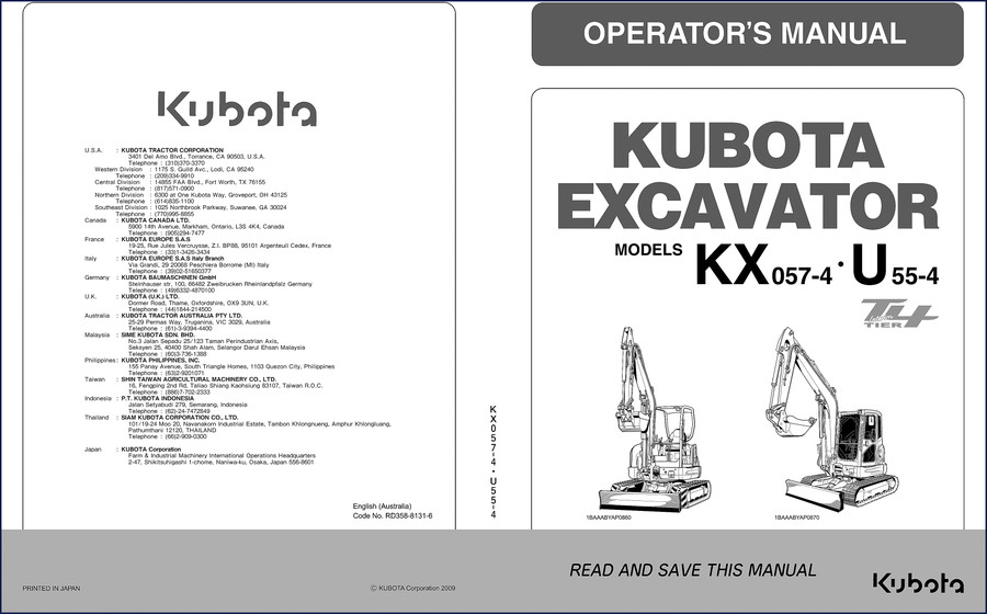 Kubota KX057-4 Operators Manual cover showing excavator and official Kubota branding